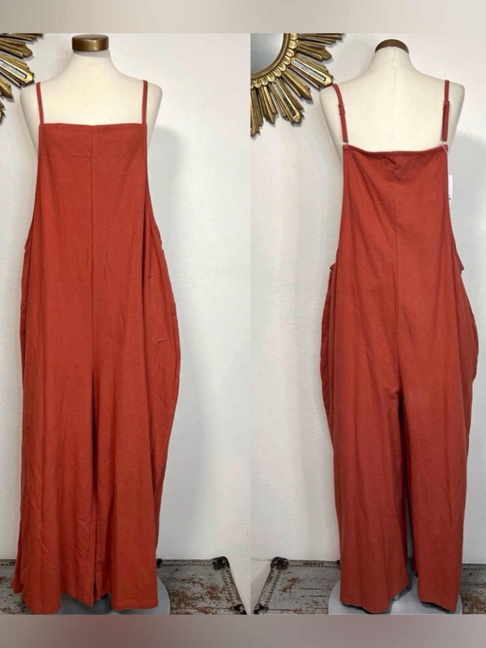 Yesno Rust Wide Leg Loose Jumpsuit Romper with Spaghetti Straps